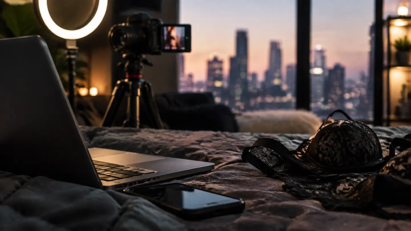 A creator's camera and laptop set up in a private studio overlooking the city